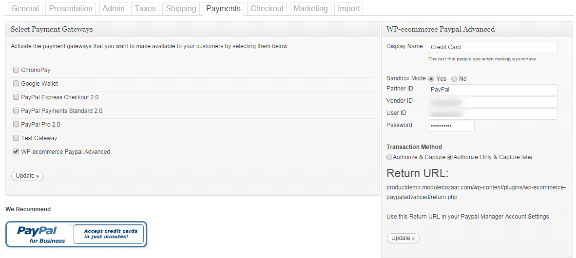 WP PayPal Payments Advanced plugin