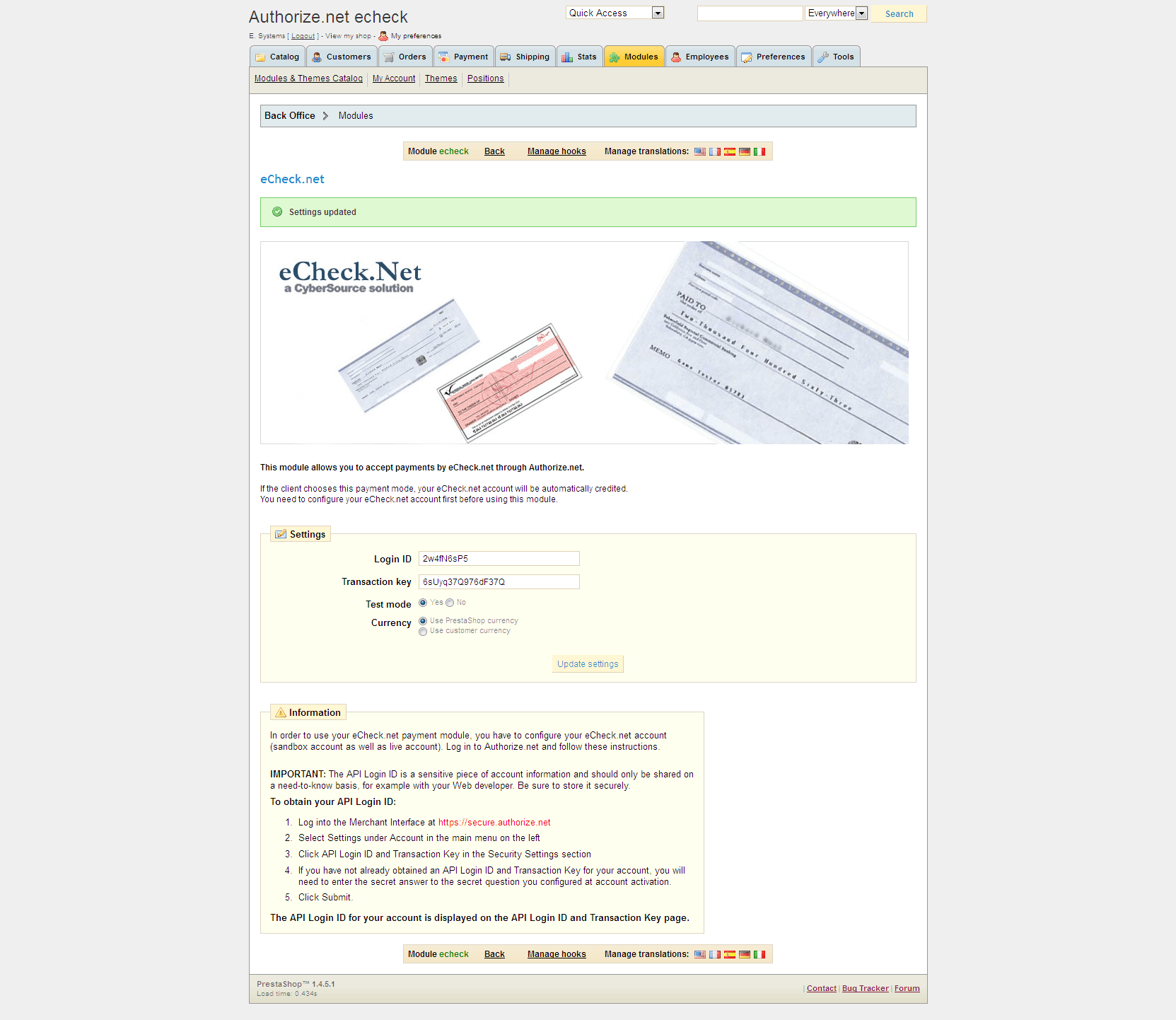 PrestaShop Authorize.Net eCheck Module